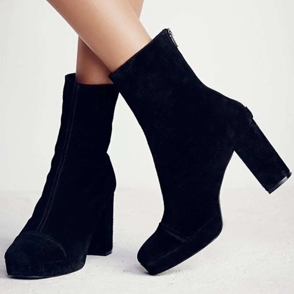 Free People Day For Night Ankle Boots Black Suede Back Zip Block Heel EU 37 US 7